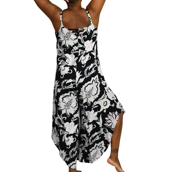 Wide Leg Jumpsuit Black Printed Draped Pink Straps Capri Loose Sack Size Medium - Picture 2 of 13